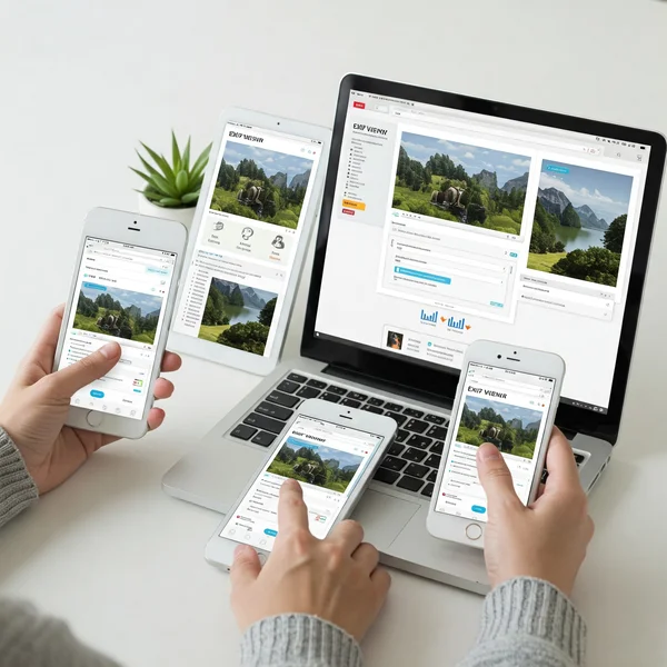 Illustration of online EXIF viewer access across devices.
