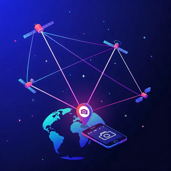 Abstract illustration of GPS signals pinpointing a location.
