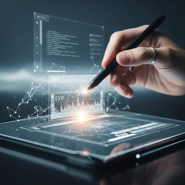 Conceptual image: pencil editing digital EXIF data fields.