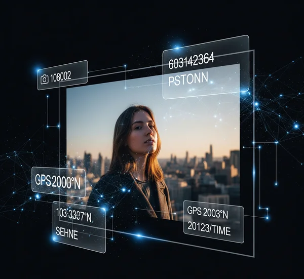 A photo with layers of metadata overlayed, showing details
