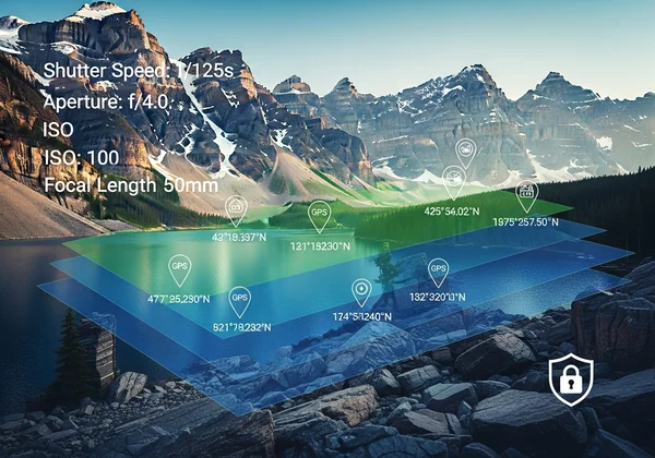 Digital photo with overlaid metadata layers, privacy focus