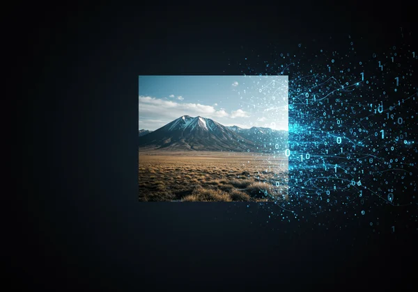 Abstract view of a photo with data streams representing metadata.