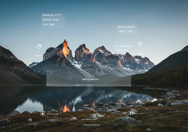 EXIF data layers revealing camera settings over a landscape