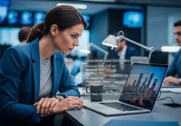 Journalist examining EXIF data