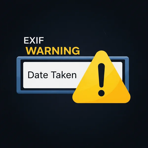 Stylized image: a warning sign next to an EXIF data field.