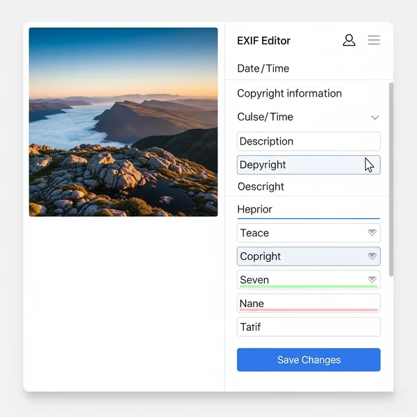 Mockup of an EXIF editor interface with fields for changes.