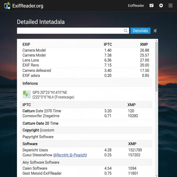 ExifReader.org의 상세 메타데이터 출력 스크린샷