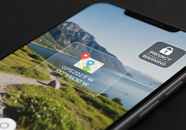 Telefon pintar menunjukkan foto dengan lokasi peta, amaran privasi