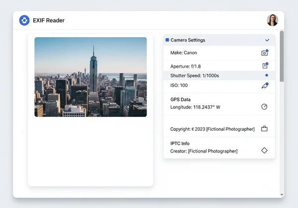 Interface of an online EXIF reader showing photo metadata.