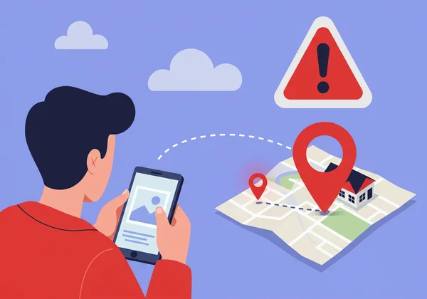 Illustration of photo GPS data revealing a home location risk.