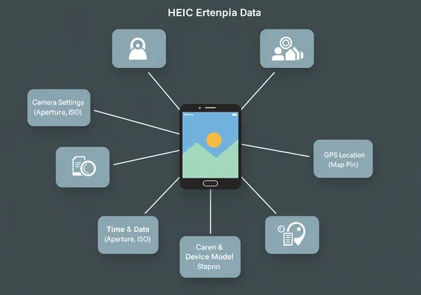 Infographic displaying common HEIC EXIF data fields like GPS