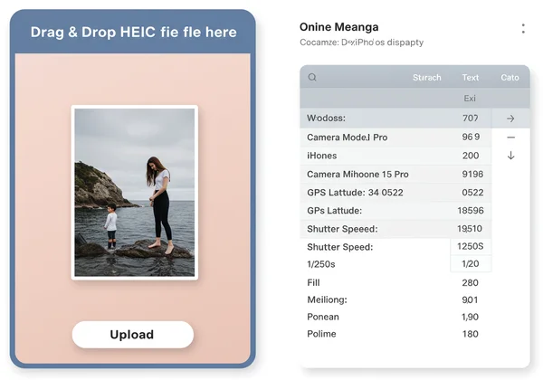 Screenshot of an online EXIF reader interface showing file upload